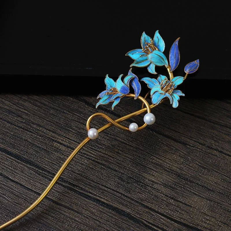 Classical Elegant Refreshing Blue Lily Flower Tiara Fashion Light Luxury Enamel Pearl Hanfu Accessories Qipao Hair Jewelry