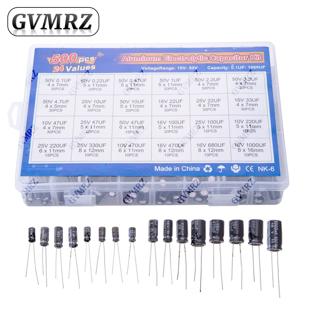 500PCS/lot 0.1UF-1000UF 24Values Aluminum Electrolytic Capacitors mix Electrolytic 16-50V capacitor Assorted kit and storage box