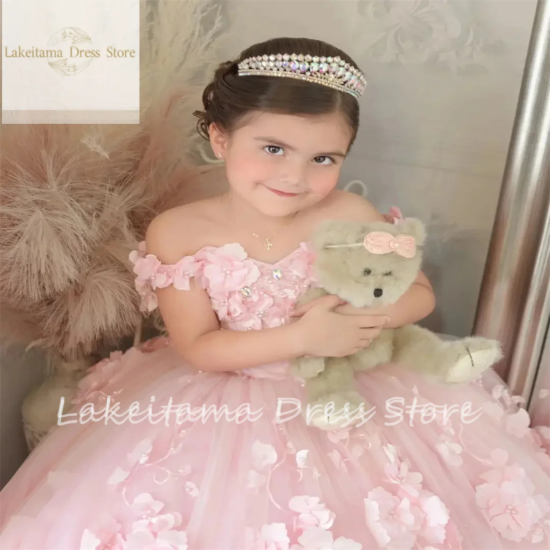 Puffy Tulle Flower Girl Dress For Wedding 3d Applique Luxury Pink Pearls Kids Birthday Party Princess Dress Ball Gowns