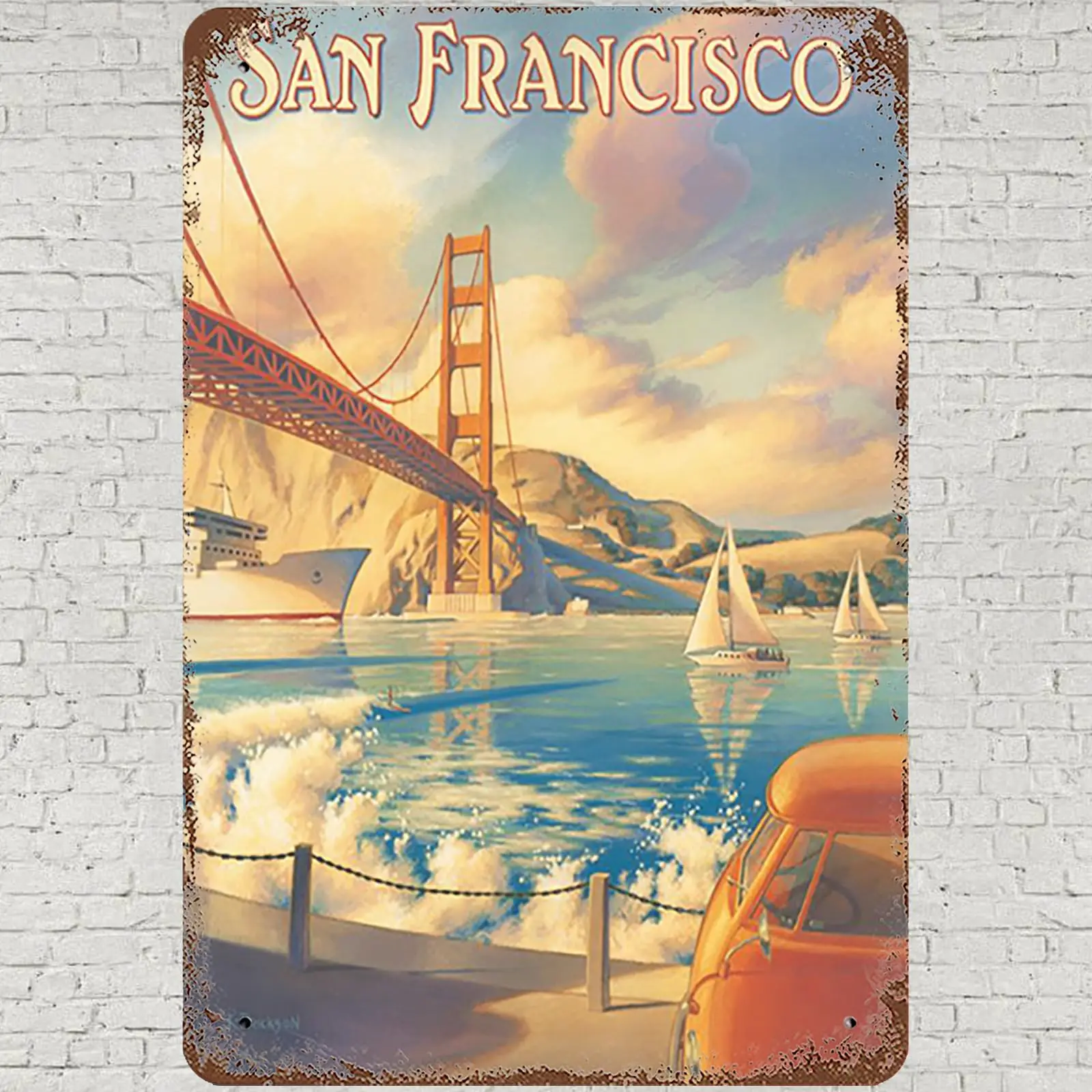 Vintage Metal Tin Sign , San Francisco Golden Gate Bridge Wall Art Decor, Travel Iron Plate Home House Kitchen Poster for Home L