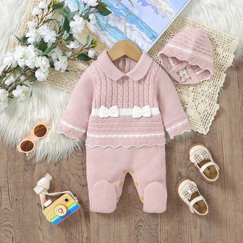 2pcs/Set Baby Girls Clothes Cute Bowknot Knitted Newborn Infantil Long Sleeves Rompers Hats Outfits Sets 0-18m Toddler Jumpsuits
