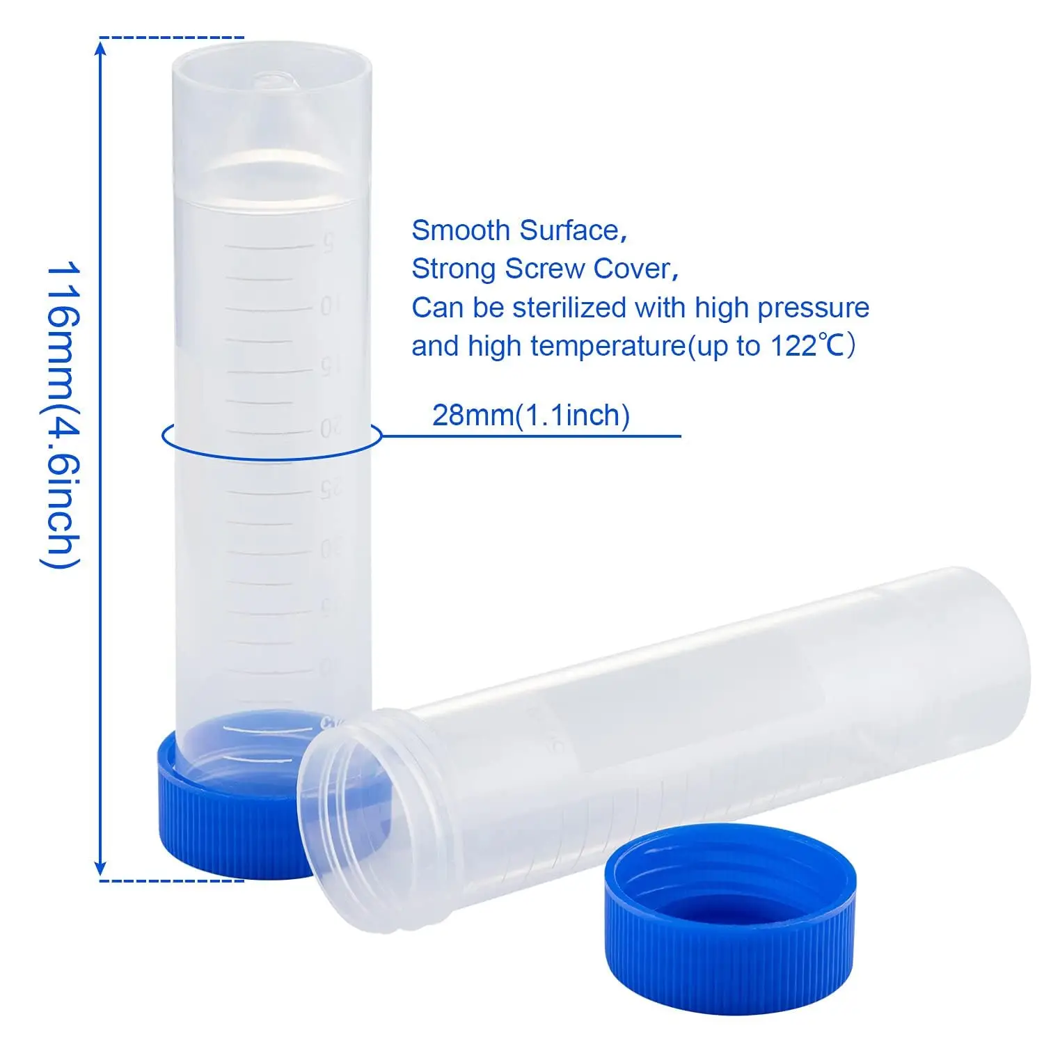 25pcs , 50ml Plastic Centrifuge Tubes Skirted Conical Bottom, Graduated Marks , Blue Screw Cap