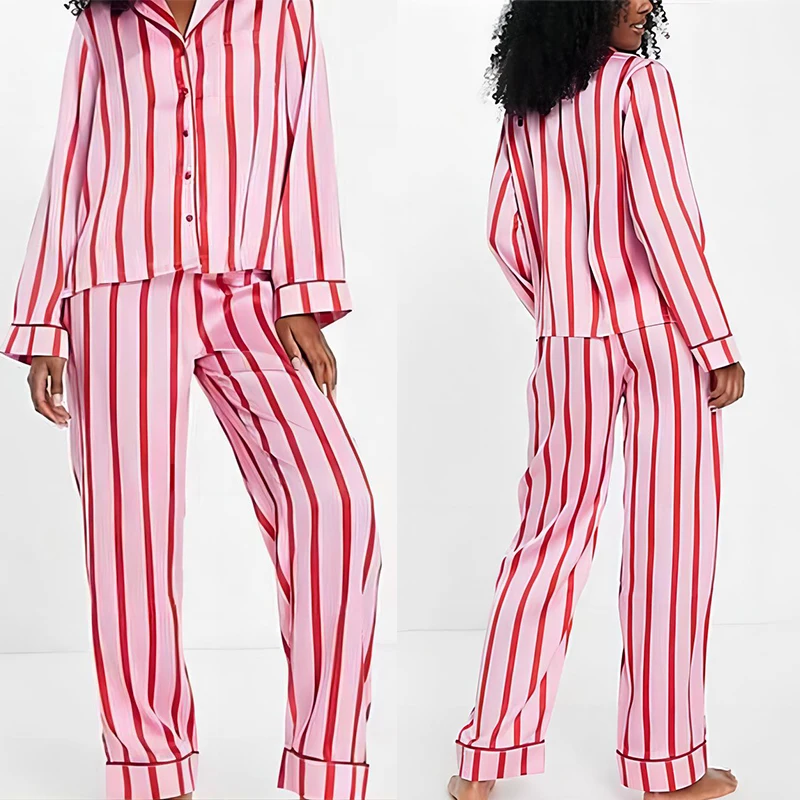 Ling Pink Striped Summer New In Women\'s Sleepwear Pijama Loose Casual 2 Pcs long Sleeve& Pants Sets Loungewear Home Clothe Sets