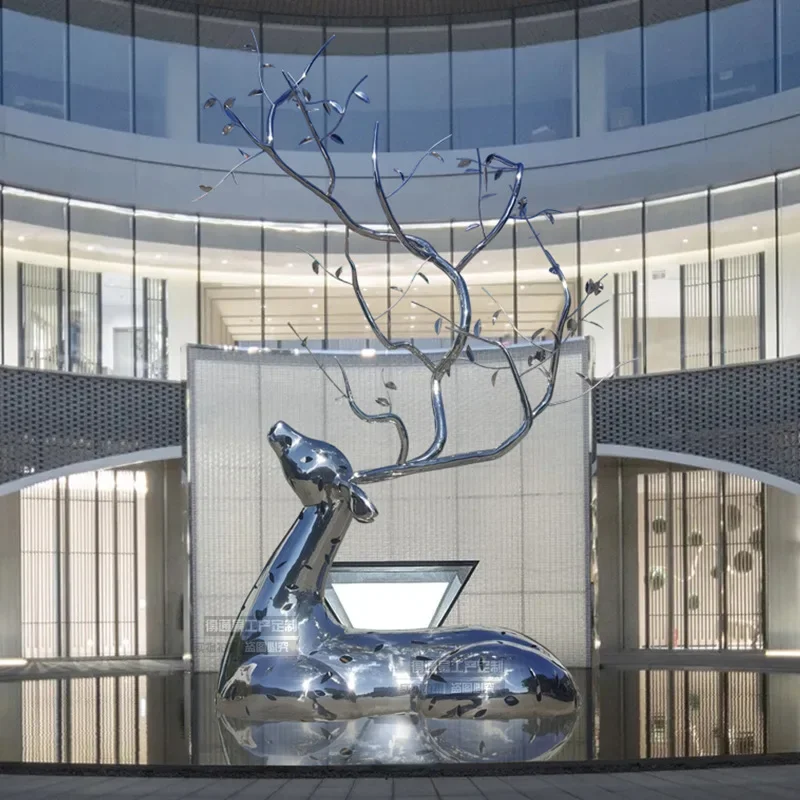 Outdoor stainless steel waterscape abstract deer sculpture city mirror hotel garden metal landscape logo hollow ornament
