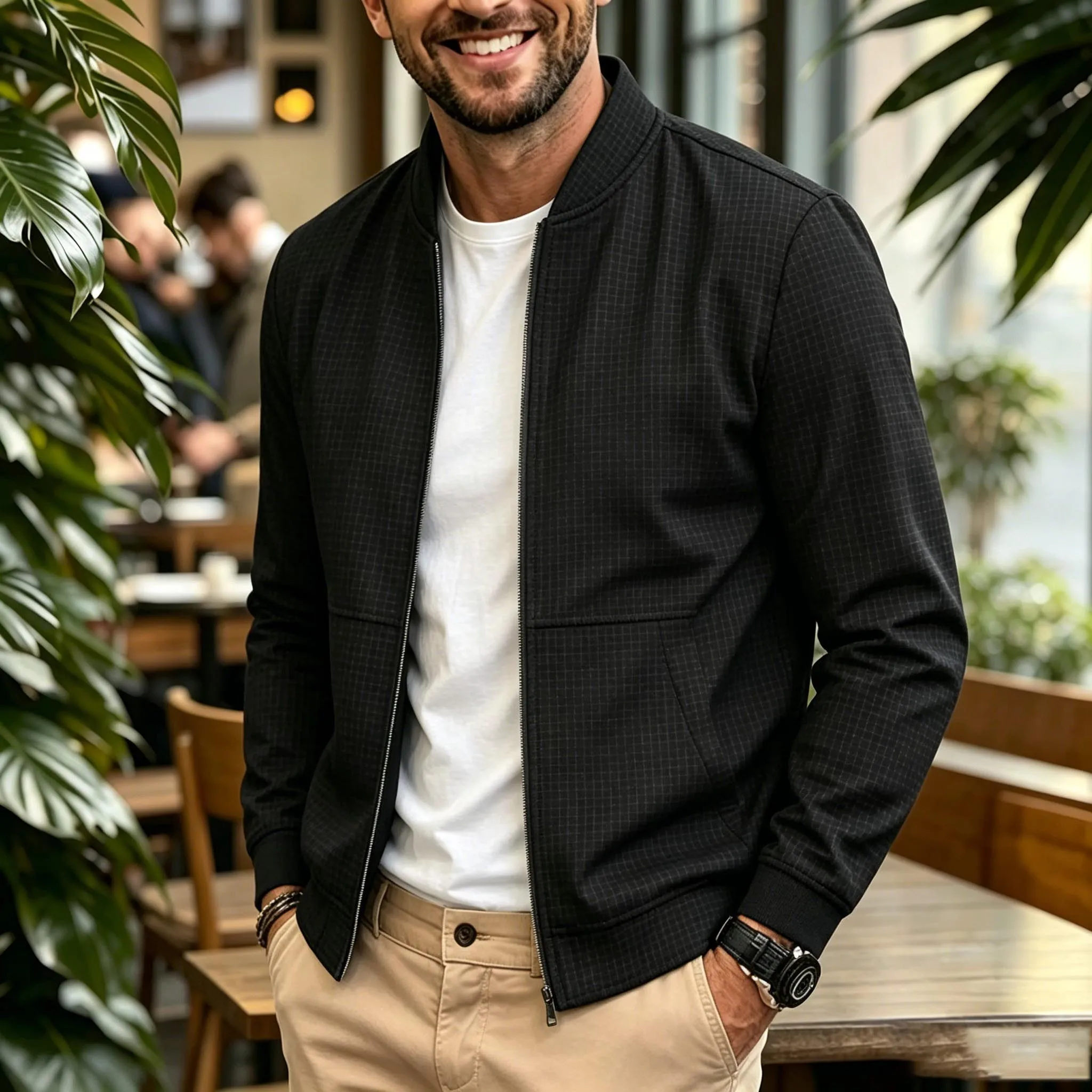 

Men's Casual Bomber Jacket, Stand Collar Full Zip Outerwear with Pockets, Everyday Business Casual Wear
