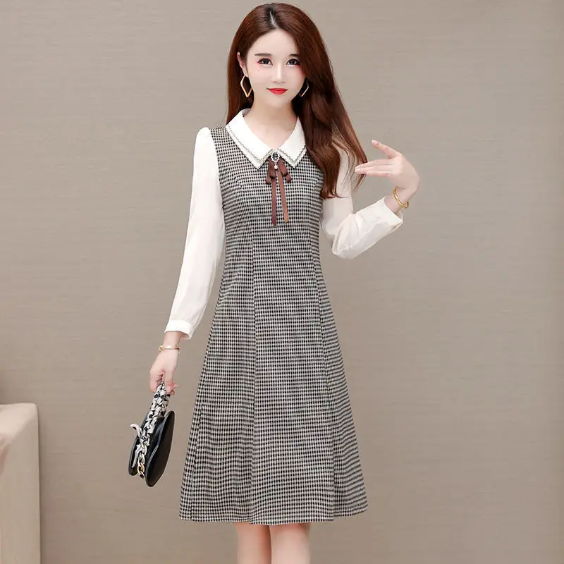 Short Dress for Wome Autumn New Stylish Doll Collar Waist Cinching Belly Covering Slimming Effect Long Sleeved Patchwork Skirt