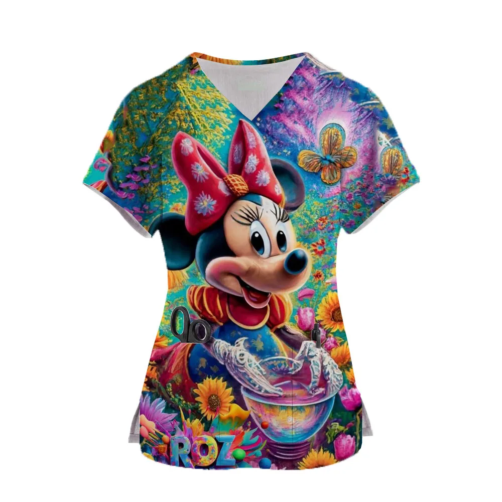 Disney-Mulheres Disney Mickey Minnie Scrub, Manga Curta, Uniforme Médico Decote V, Camiseta de Trabalho dos Desenhos Animados, Vestido de Enfermagem, Uniforme de Enfermeira