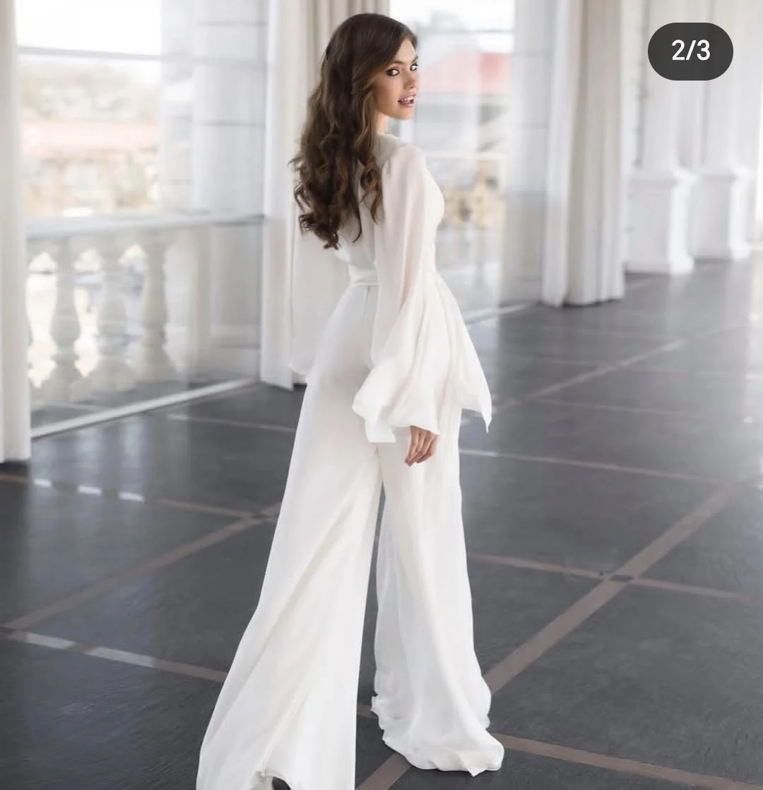 カスタマイズする 2025 A ラインのウェディングドレスパンツソフトシフォン V ネック長袖女性見事なローブジャンプスーツ Vestidos d