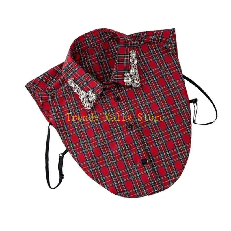 N5KB Stylish Plaids Pattern Collar Inlaid With Shimmering Crystals Comfortable Daily Wear
