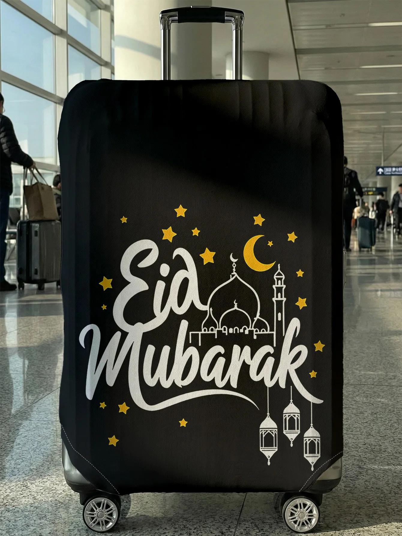 

Black White Gold Eid Mubarak Mosque Luggage Cover, Suitable for 18-32 Inch Luggage Cover, Luggage Handle Glove, Travel Accessori