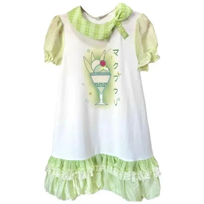 

Mini Dresses Bow Lace Ice Cream Sweet Lolita Dresses Women Japan Kawaii Lace Ruffles Party Korean Cute Print Puff Sleeve Dress