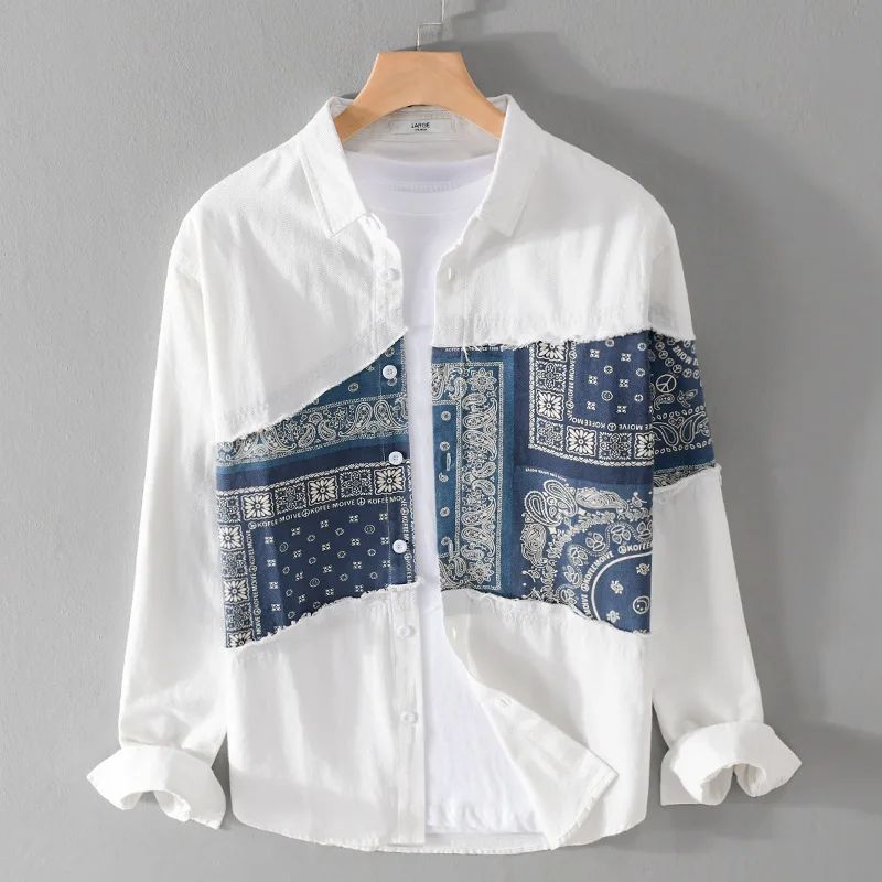Trendy Men's Long Sleeve Cotton Shirt Spring Autumn Fashion Casual Print  Youth Handsome Pure Cotton Jacket Top