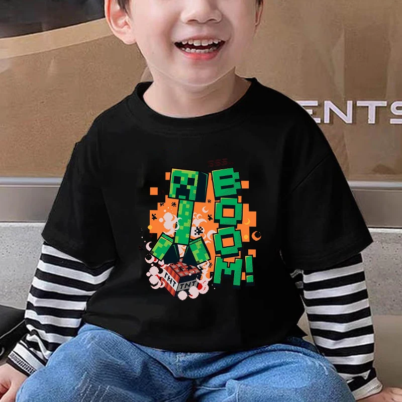 Spelthema Print Gestreepte lange mouwen Minecrafted Jongen Herfst Vrije tijd Lange mouwen Kinderen Tops Mode Truien Kleding Cadeau