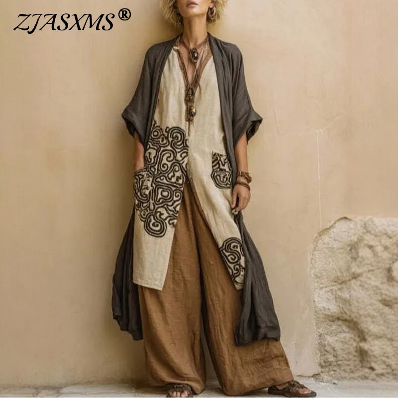 Vintage Pattern Print 3 Piece Sets Spring V Neck Slit Top+High Waist Pants+Long Coat Woman Outfits Summer Vacation Suit Harajuku
