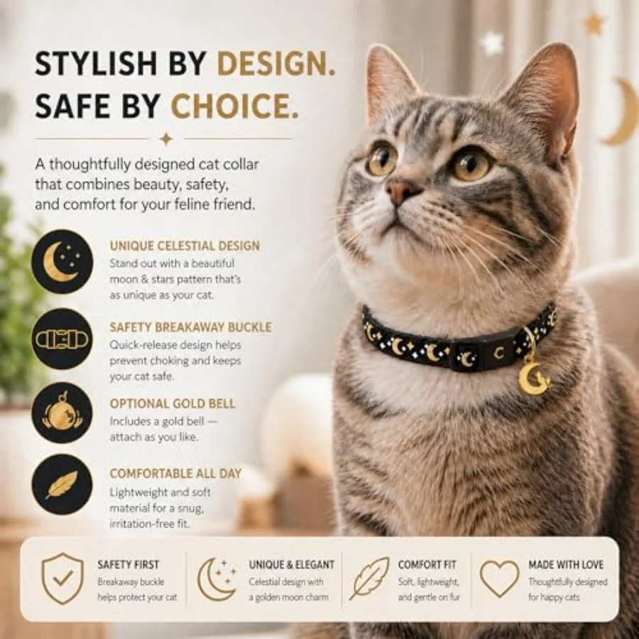 Cat Collars, Gold Moons and Stars Cat Collar, Safety Breakaway Cat Collar with Bell, Glow in the Dark Standard 9