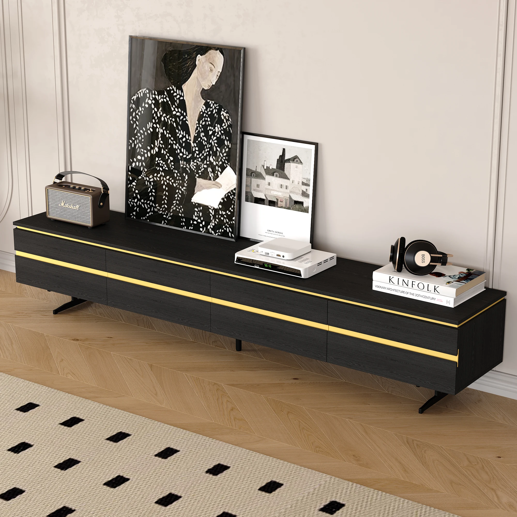 

86.61-inch Modern Living Room TV Cabinet in Black, Featuring Solid Wood Multi-layer Panel Construction with Metal Feet