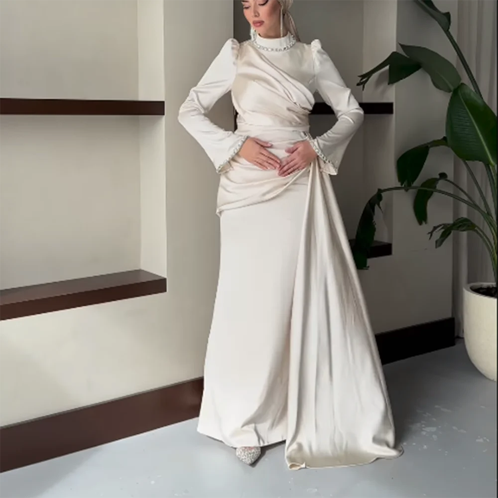 

Customized A-Line Prom Dresses Floor-Length High-Neck Full Sleeve Evening Dresses Simple Draped Fashion Crystal Party Gown