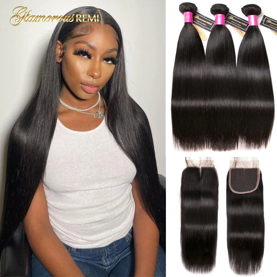 Straight Bundles With Closure Malaysia Hair Extension For Black Women Straight Human Hair Bundles With 4x4 Lace Closure 8-26inch