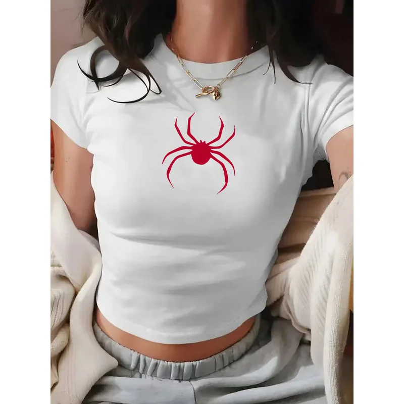 Red spider pattern women's fashion printed short tight-fitting topTShirt