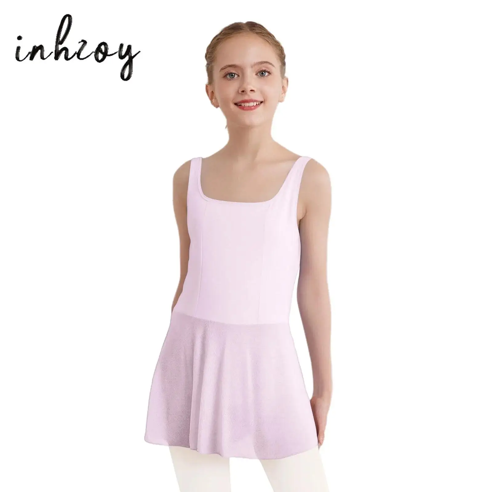 

Kids Girls Ballet Leotard Dress Sleeveless Wide Shoulder Straps Sides Slit Sheer Mesh Hem Dress with Built-in Briefs Ballerina