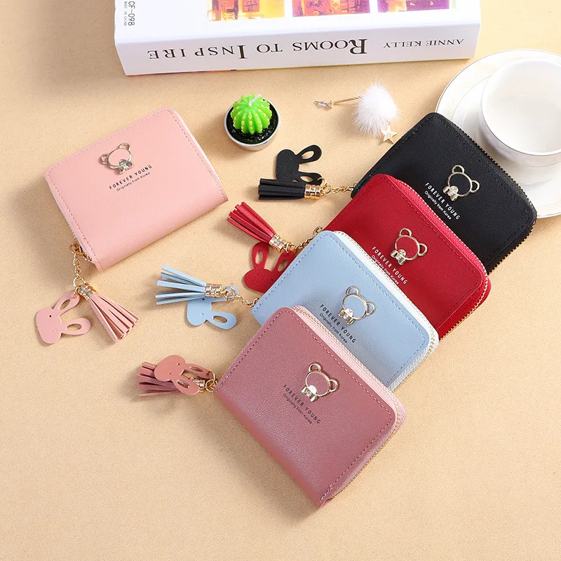 

With Tassel Pendant Money Coin Purse Short PU Leather Zipper Wallet Money Bag Cute Panda Credit Card Women Girls