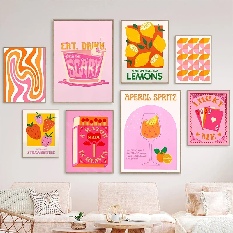Pink Strawberry Lemon Card Cocktails Drink Posters Retro Canvas Painting Living Room Corridor Wall Art Picture Kitchen Bar De