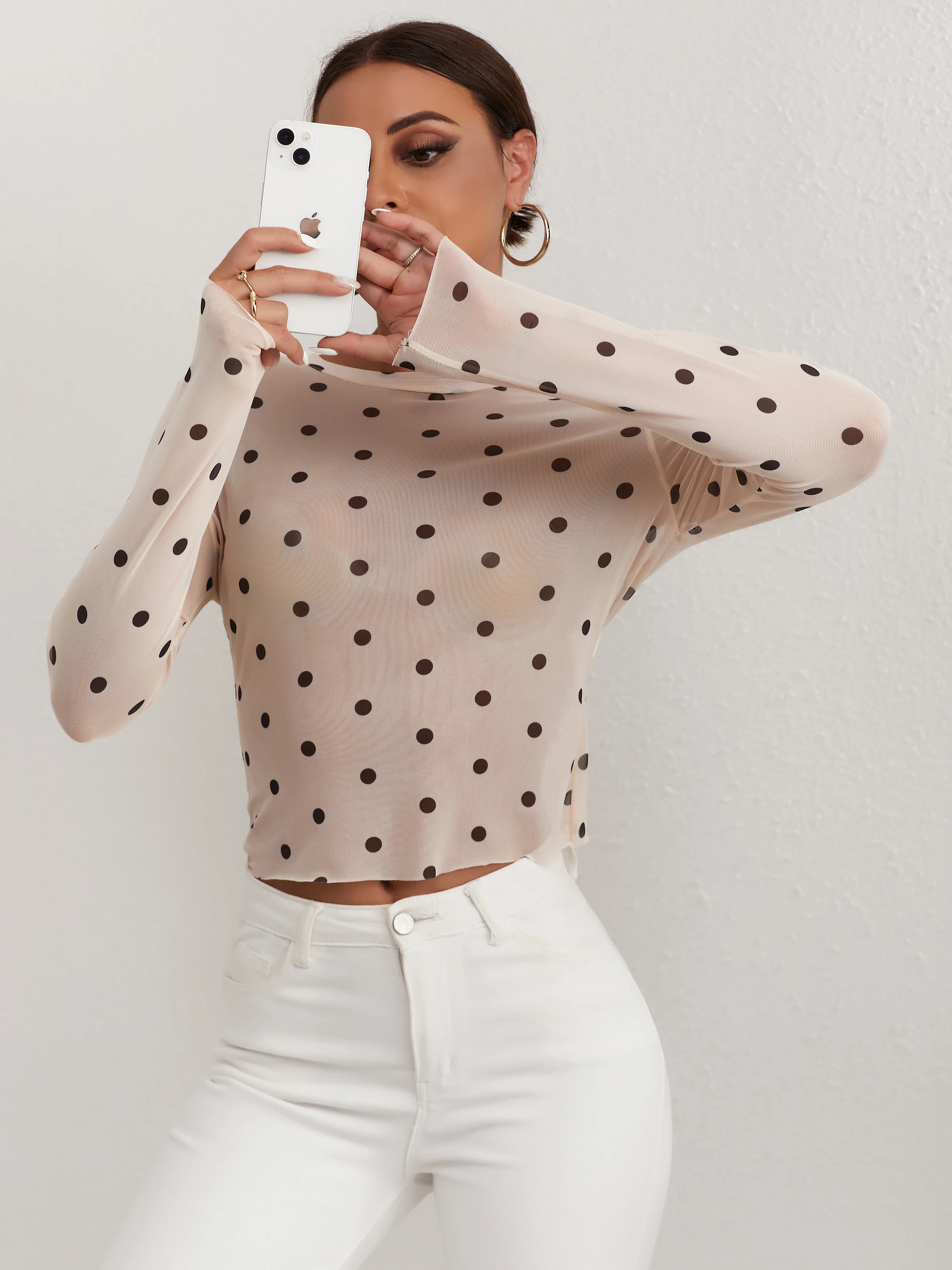 REW2408009Women's Polka Dot Sheer Mesh Long Sleeve T-Shirt - 95% Polyester  5% Elastane Stretch Knit Crew Neck Top for All Seaso