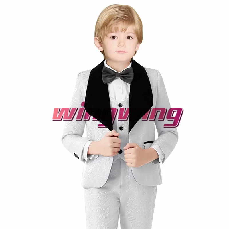 Suit for Boys Wedding Jacket Pant Vest Three Piece Tuxedo Floral Pattern Fashion Black Collar Blazer for Kids