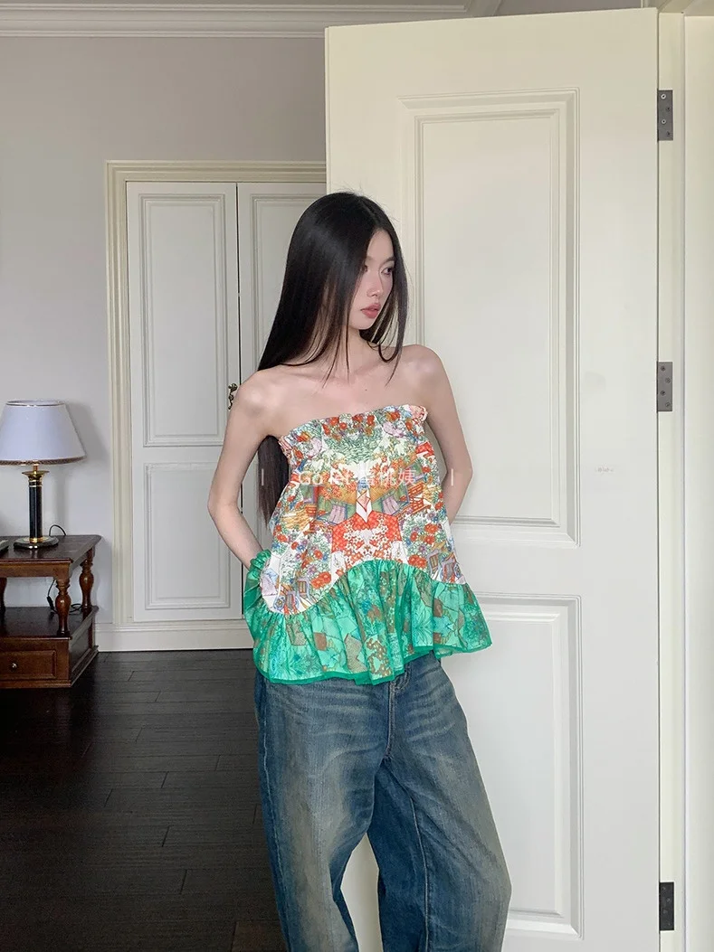 

Mipao Summer New Floral Print Splice Design Retro Short Strapless Vest Women's A-Line Version Floral Top Chinese Hanfu Style