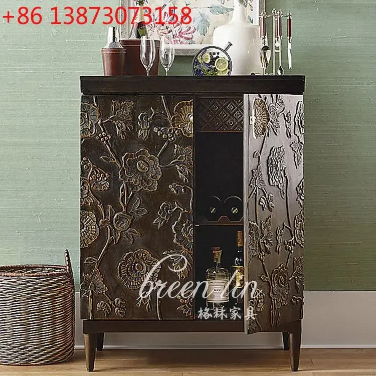 

American retro double door solid wood carving flower entrance cabinet French neoclassical home storage wine cabinet