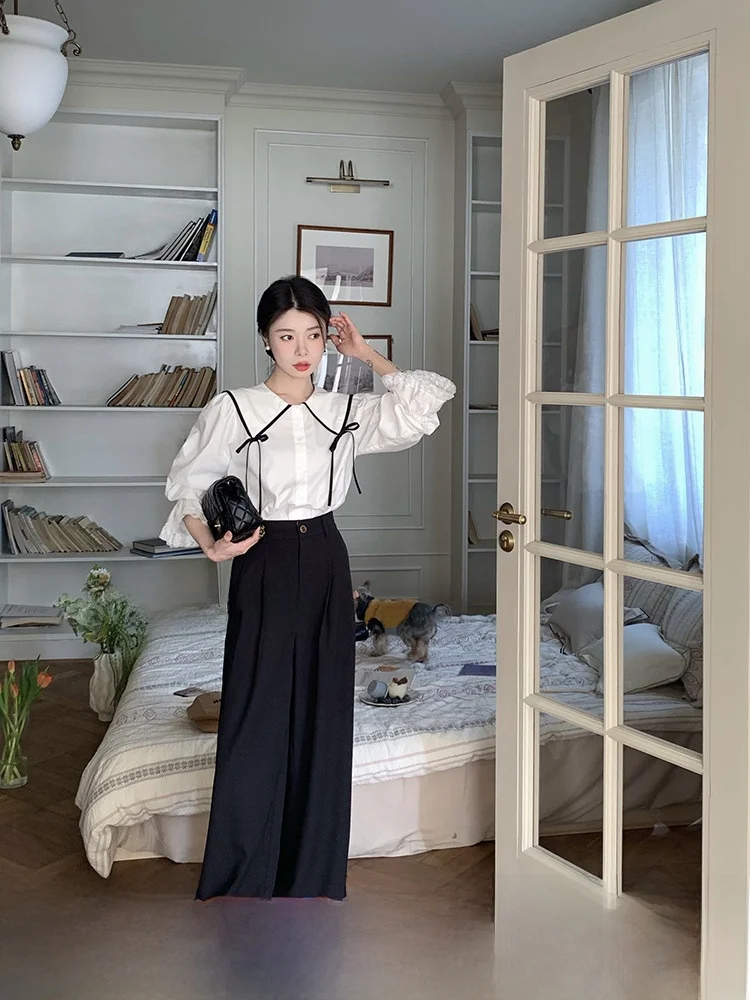 

No Errors Versatile Bla White Wide Leg Suit Pants Casual Faion High Waist Straight Cut Long Trousers for Women