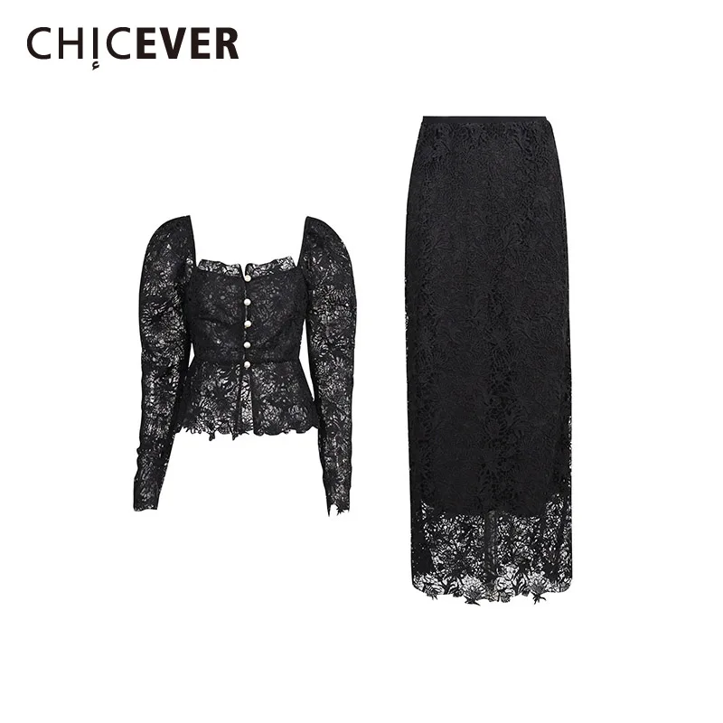 CHICEVER Set Dua Potong Renda Hitam Berpotongan Persegi Kerah Persegi Lengan Panjang Jaket Transparan Seksi Set Rok Wanita Mode Musim Gugur