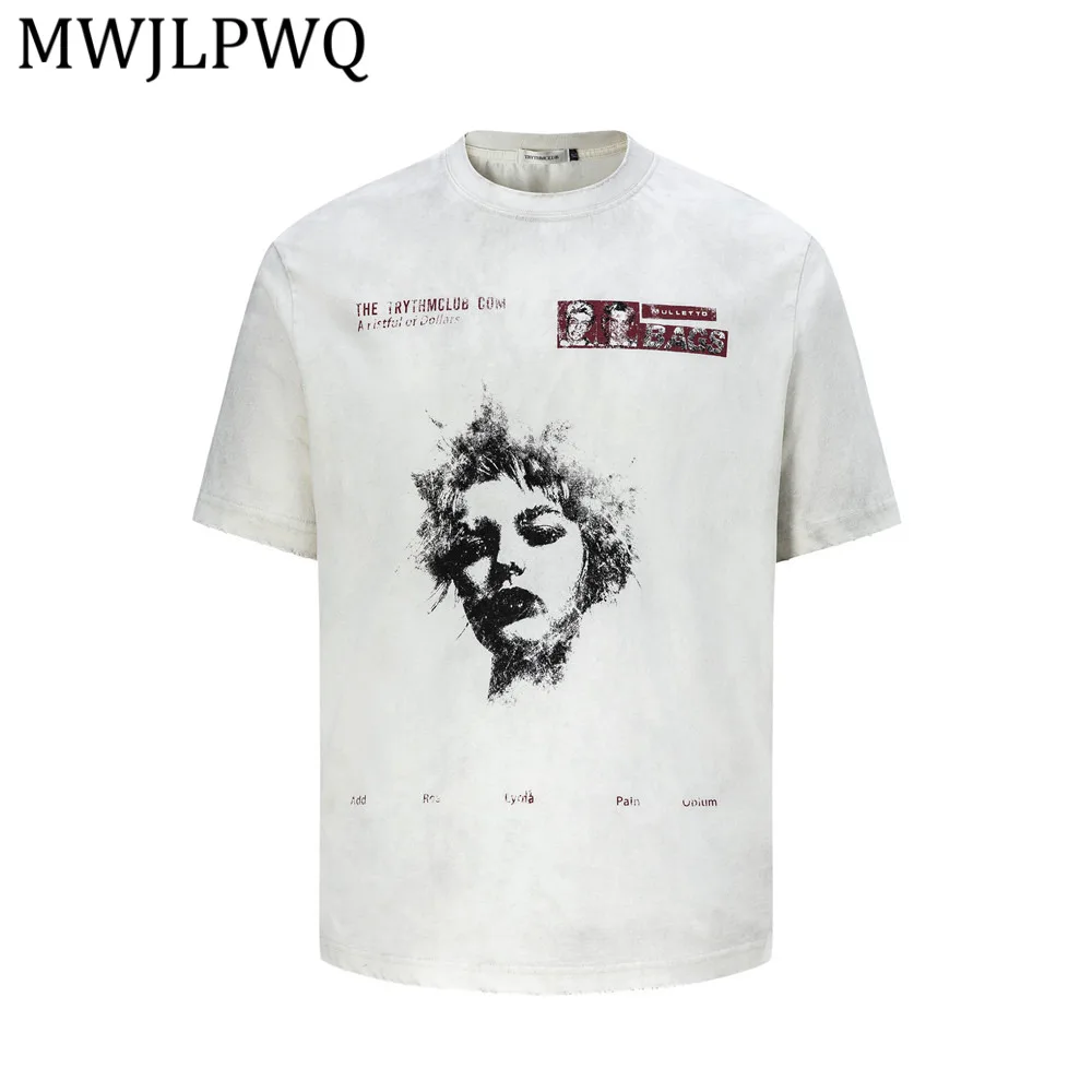 

Футболка в уличном стиле MWJLPWQ для мужчин, американская ретро-мода, потертая футболка с коротким рукавом и круглым вырезом, летняя, 14119