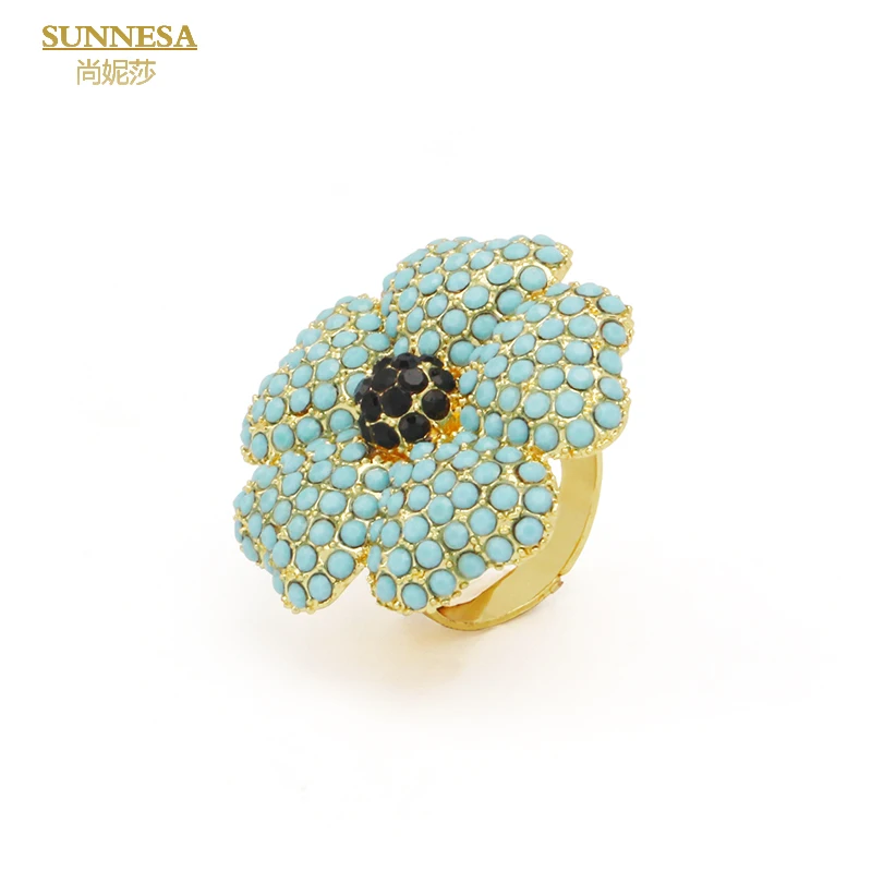 SUNNESA Luxury Rhinestone Dubai Jewelry Set for Women Green Flower Pendant Necklace African Clip Earrings Bracelet Rings Sets