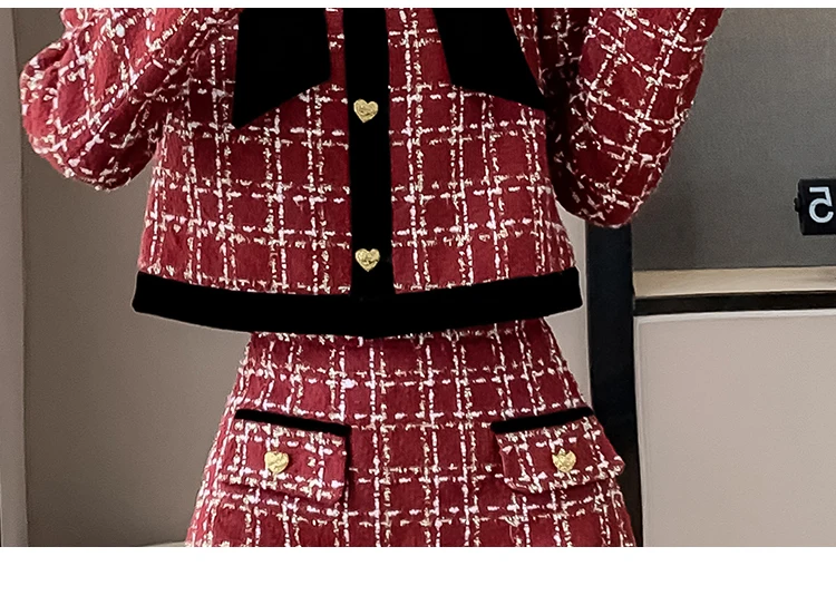 High Quality Red Plaid Tweed Jacket Coat Skirt Two piece Sets Women Autumn New Bow Crop Tops + A Line Mini Skirt Suits