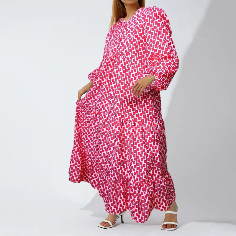 

plus Size Bohemian round Neck Lantern Sleeve Sweet Girl Dress for Women Loose Fit Maxi Style Casual Elegant Fashion Long Dress