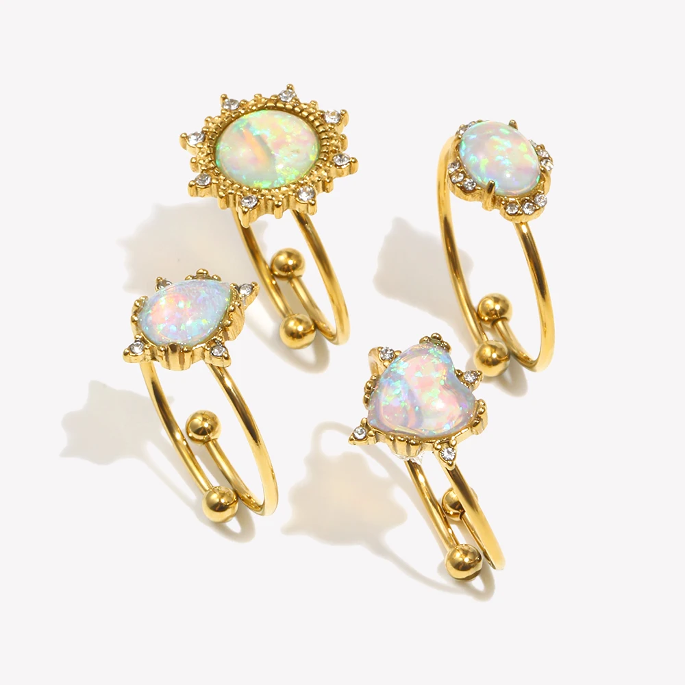 E.B.belle Adjustable Circle Heart Sun Waterdrop Natural Opal Stone Rings For Woman Stainless Steel PVD Plating Gemstone Ring