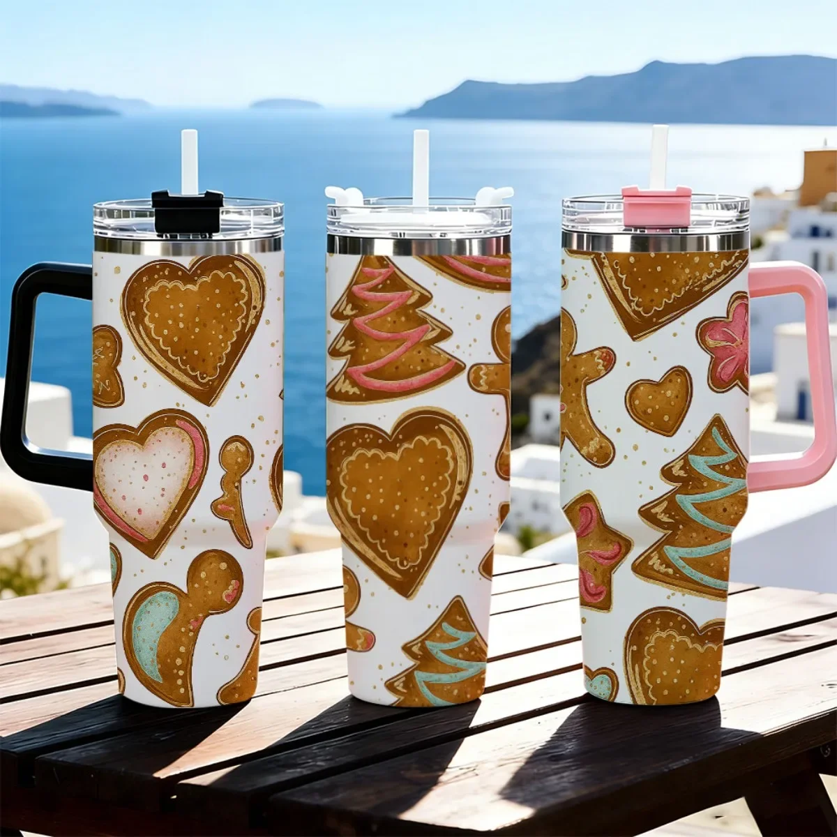 40oz Christmas Gingerbread Cookie Repeat Print Stainless Steel Tumbler With Handle Straw Lid 24 Hours Cold Insulated Travel Water Cup