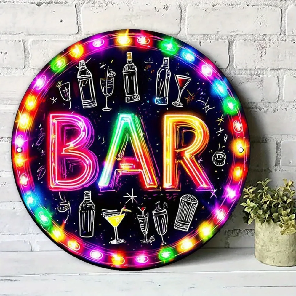 Acrylic Painting Neon Glow BAR Sign with Cocktail and Bottle Illustrations Colorful LED Effect Wall Decor for Home Bar Pub Club
