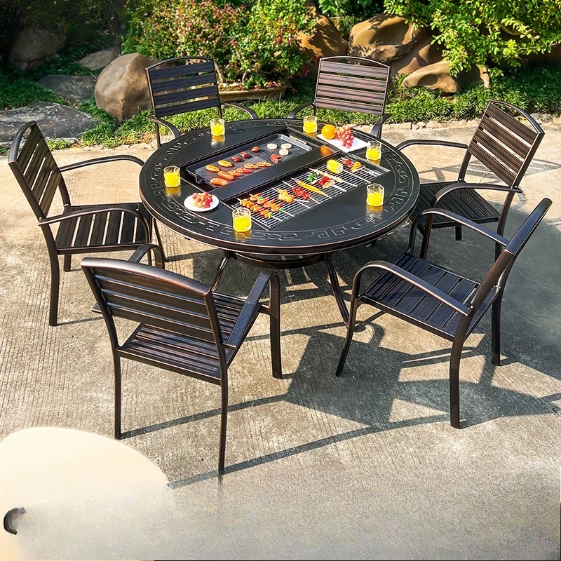 Outdoor barbecue tables and chairs, yard household cast aluminum dual-purpose smokeless barbecue grill