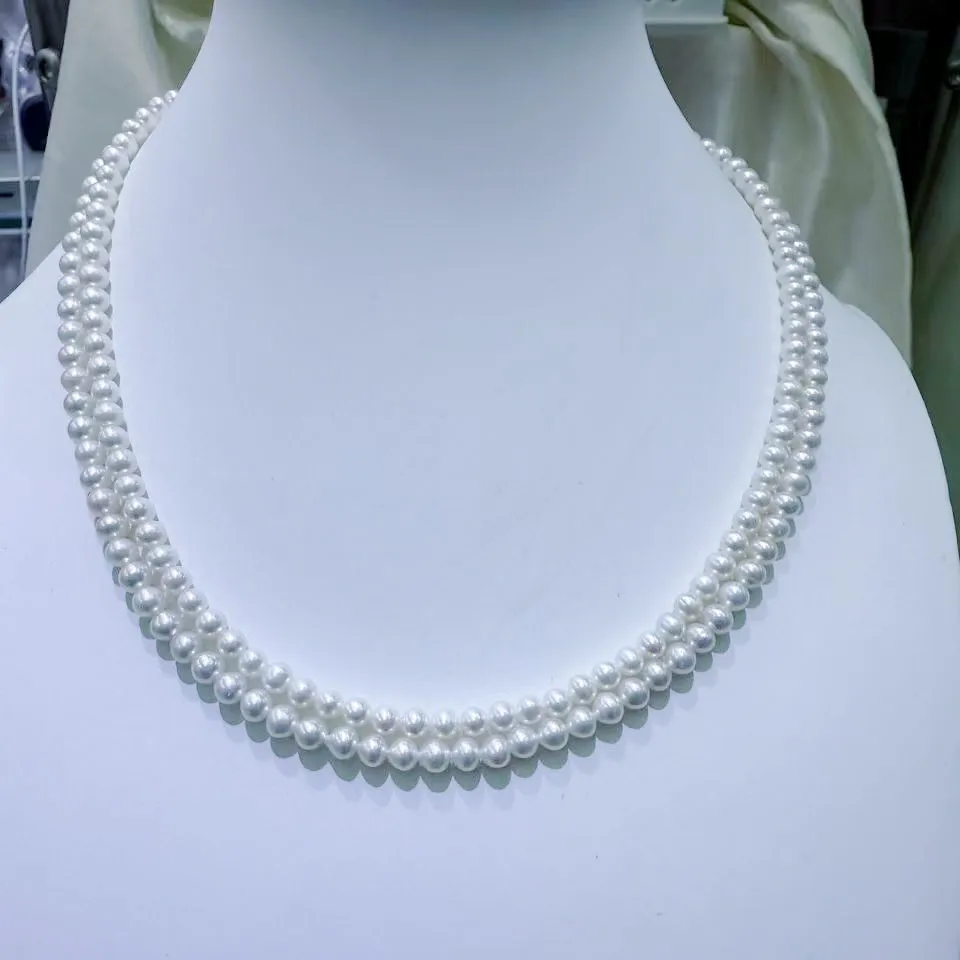 

2 row High end round almost flawless AKOYA WHITE ROUND AAAA++4-5mm S925 Silver Natural Pearl Necklace 16IN-24