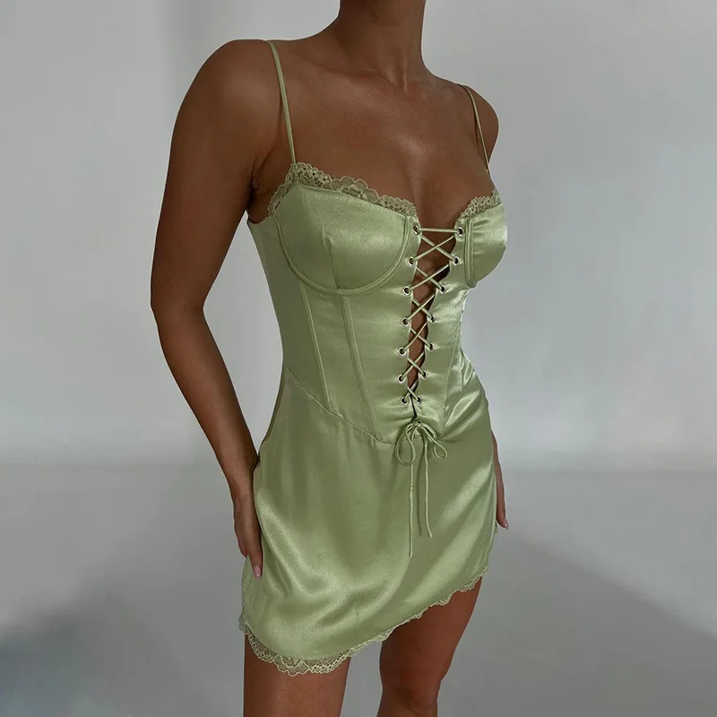2025 Lente/Zomer Nieuwe Sexy Spaghetti Band Voor Vrouwen Mode Hot Koop Kant Tie Backless Taille-Knipperende Bodycon jurk