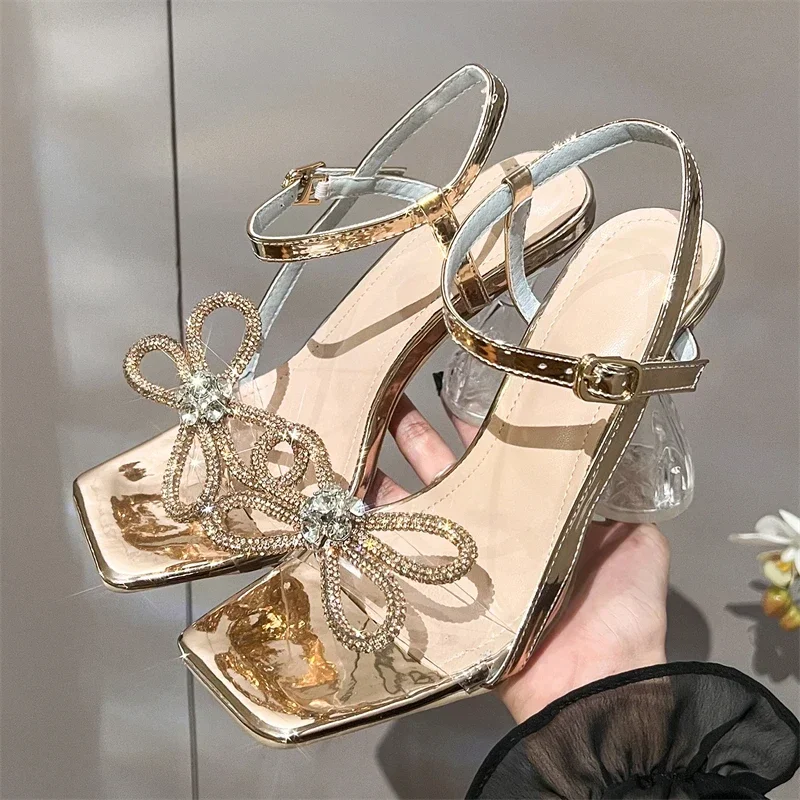 Aneikeh Fashion Woman Sandals Butterfly-knot Buckle Strap Square Toe Crystal Transparent High Heels Party Shoes Zapatos De Mujer - view 2