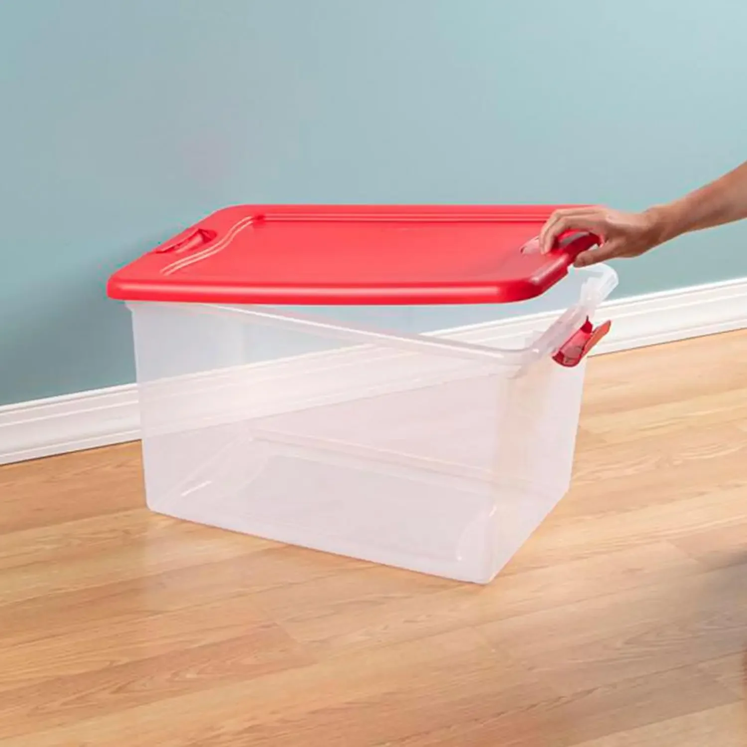 Sterilite 64 Qt Latching Storage Box Stackable Bin with Latch Lid Organize Holiday Decor in Closet Clear Base Red Lid 6-Pack