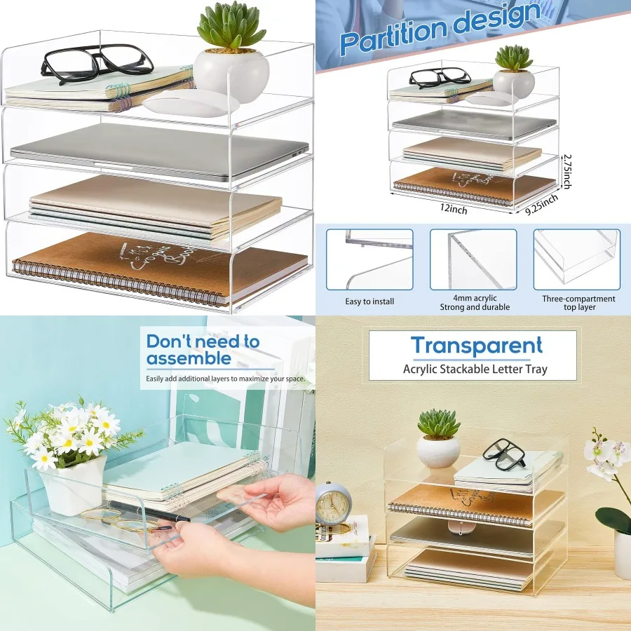 منظم صينية ورق أكريليك شفاف مكون من 4 طبقات لتخزين المكتب في مساحة عمل المكتب وحامل ملفات سطح المكتب الشفاف مع 12.4 × 8.7 #1