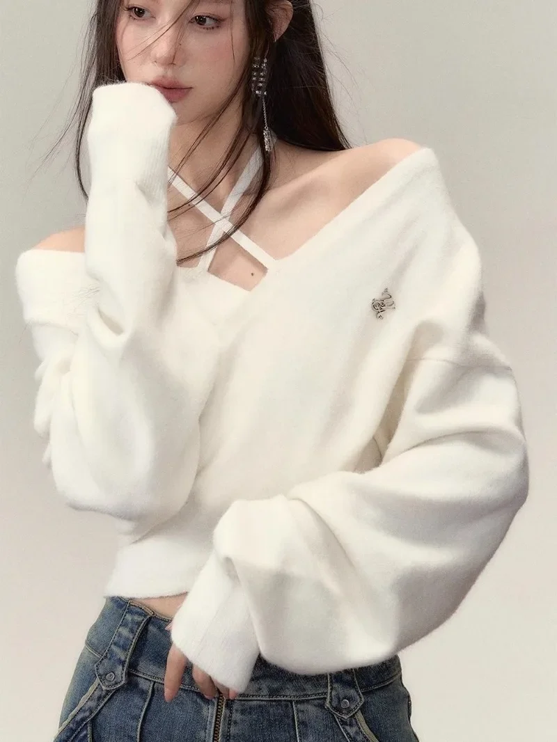 Korean Slash Neck Cross Hanging Neck Knitwear Women Fashion Sequince Collarbone Spicy Girl Solid Temperament Slim Winter Sweater