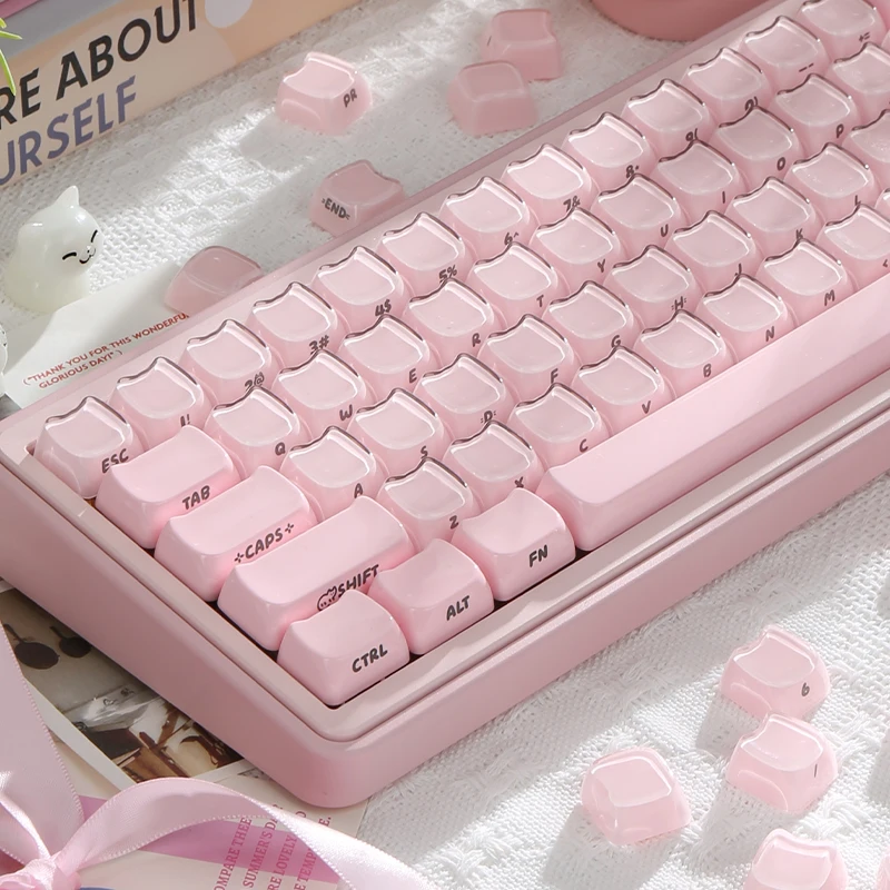 

Jelly Side Keycaps Cute Ice Crystal Pink MAO Profile for Cherry MX 61 68 104 Mechanical Keyboard Kitty Cat shaped 119 Key caps