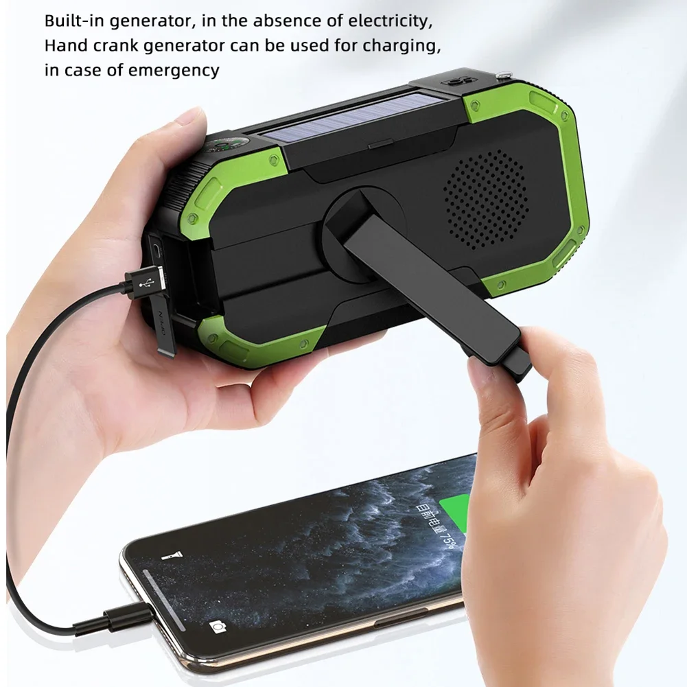 Portable Bluetooth Speaker Hand Crank Solar Radio AM/FM Emergency Radio LED Power Display Flashlight IPX5 Waterproof Power Bank