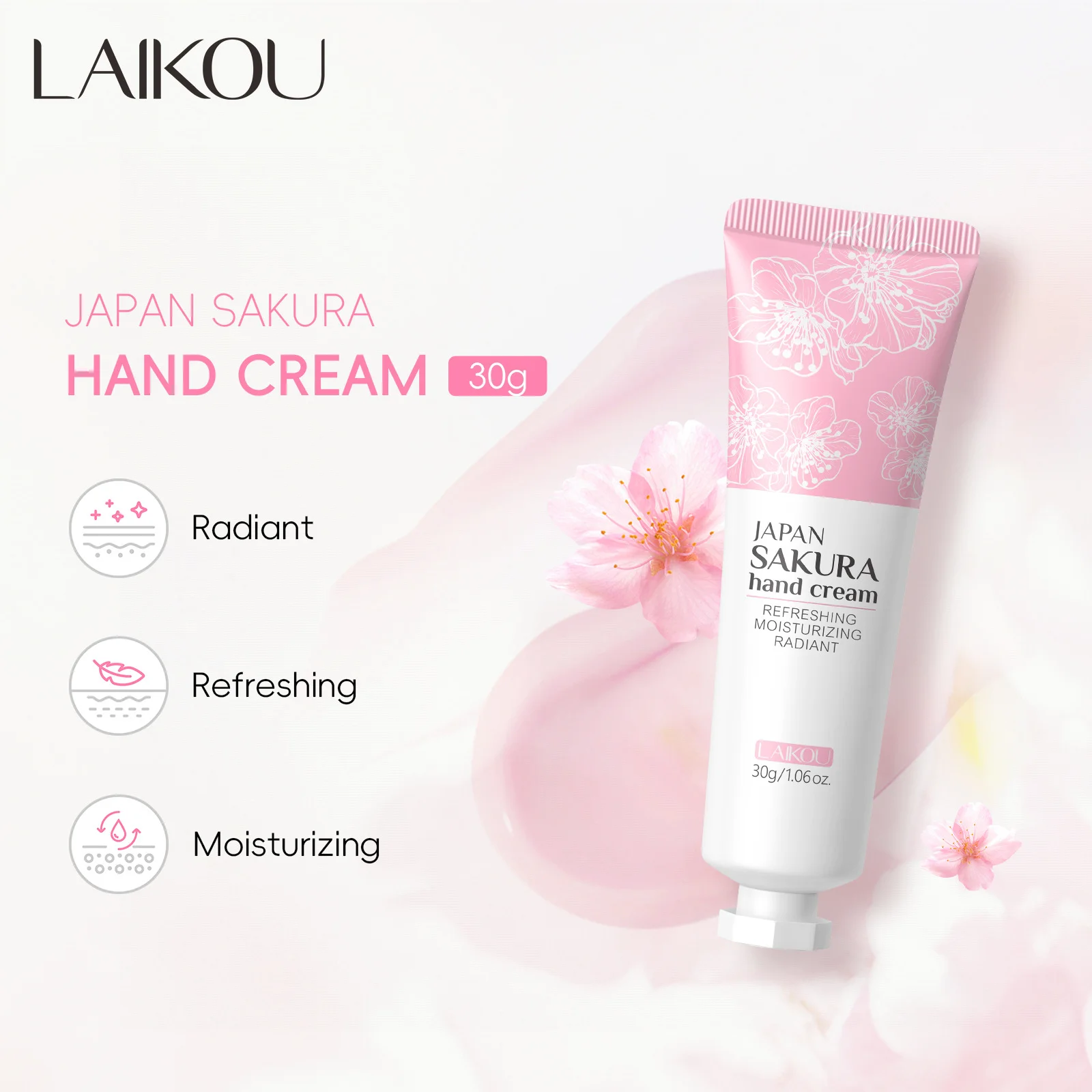 

Крем для рук LAIKOU Sakura, увлажняющий, питательный, разглаживающий, осветляющий, восстанавливающий, нежирный, для сухой и грубой кожи, 30 г.