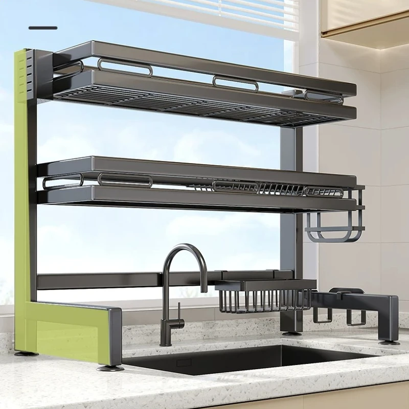 Ventilated Kitchen Sink Dish Rack, Tall Guardrail Drying Stand, Rustproof Anti Scratch Tray, Large Capacity Easy Clean Organizer